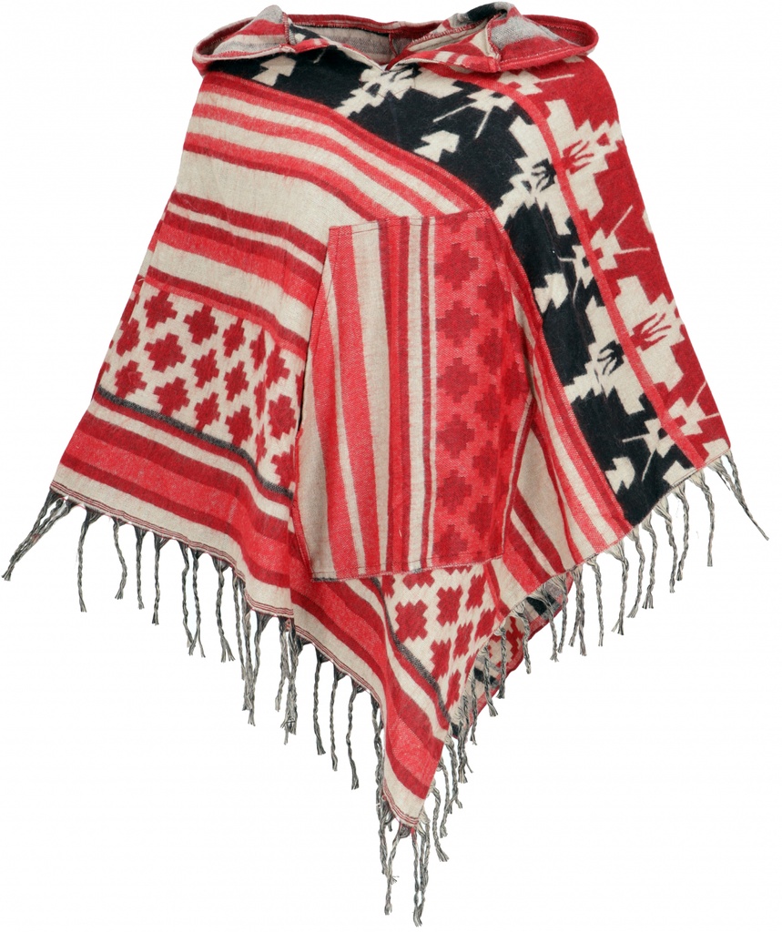 Ethno, Hippie Poncho mit langer Zipfelkapuze - rot/beige 