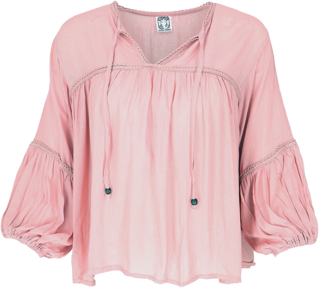 Luftige Boho Bluse mit Spitze, Maxibluse mit langen Ärmeln - rosa