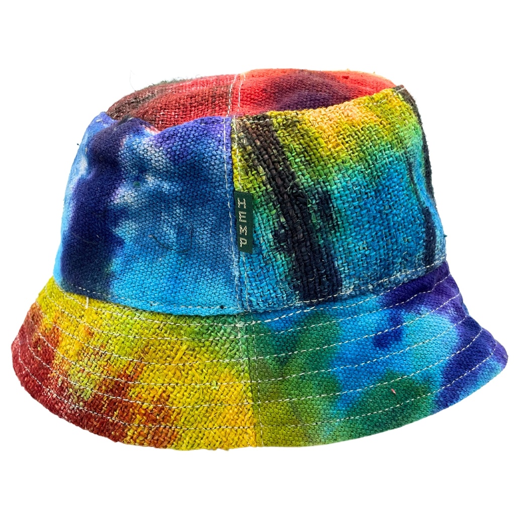 Geflickter Boho-Festivalhut aus Hanf und Baumwolle – Tie Dye