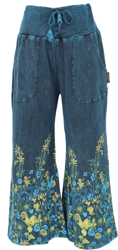 Palazzohose, Boho Baumwollhose, Hosenrock mit Blüten, Schlaghose - blau Größe M