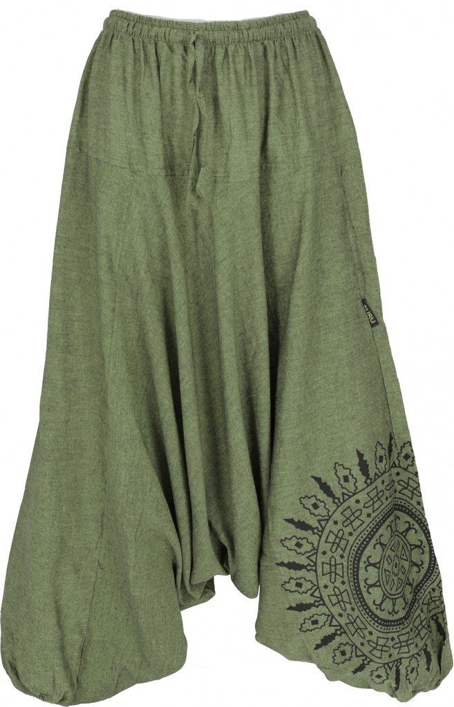 Haremshose Pluderhose, Pumphose mit Mandala, Aladinhose aus Baumwolle - olivgrün