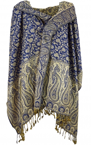 Indischer Pashmina Schal, Schultertuch, Stola mit Paisley Muster - blau - 200x70 cm