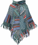 Patchworkponcho mit Kapuze und Fransen, Boho Ethno Poncho - blau 