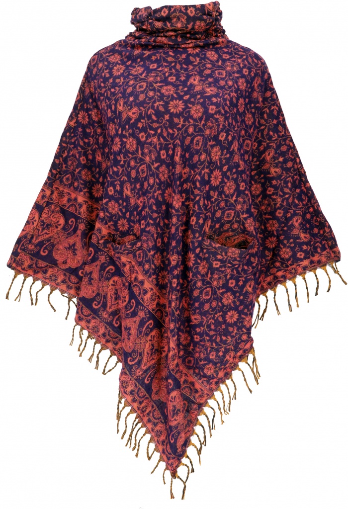 Poncho Hippie chic, langer Paisley Poncho mit gerafftem Kragen - violett/rot 