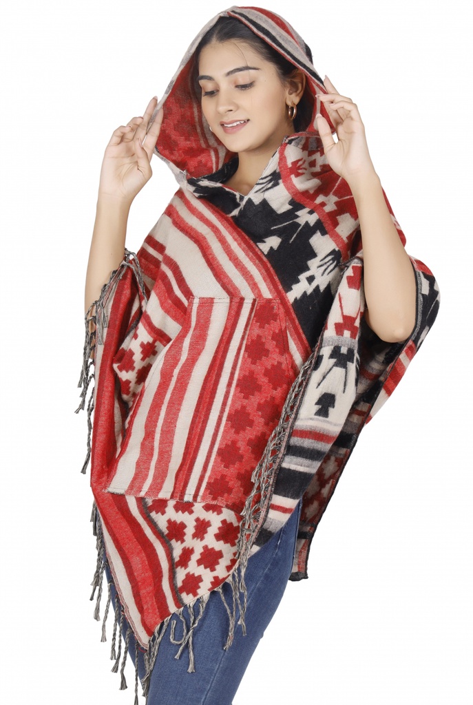 Ethno, Hippie Poncho mit langer Zipfelkapuze - rot/beige 