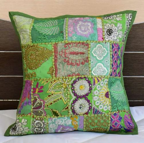 Patchwork Kissen Mar 40x40 cm mit Füllung | Boho Zierkissen | Grün