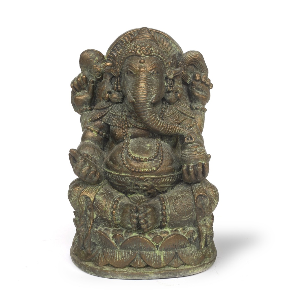 Zement-Statue 'Ganesha betend' antik gold, H 32 cm, B 20 cm, L 17 cm Aus Bali