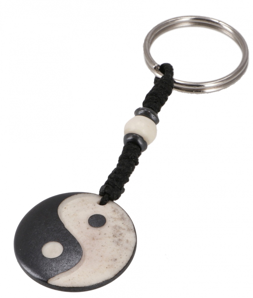 Ethno Tibet Schlüsselanhänger, Gravierter Taschenanhänger - Yin Yang - 10 cm Ø3 cm