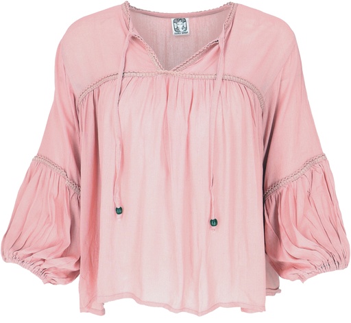 [G53724] Luftige Boho Bluse mit Spitze, Maxibluse mit langen Ärmeln - rosa