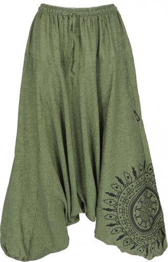 [31765] Haremshose Pluderhose, Pumphose mit Mandala, Aladinhose aus Baumwolle - olivgrün