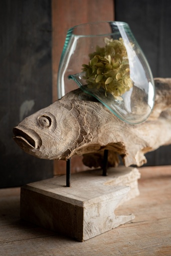 [163814] Wurzelholz-Glasvase Fisch