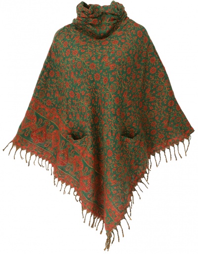 [G52652] Poncho Hippie chic, langer Paisley Poncho mit gerafftem Kragen - grün/rot 