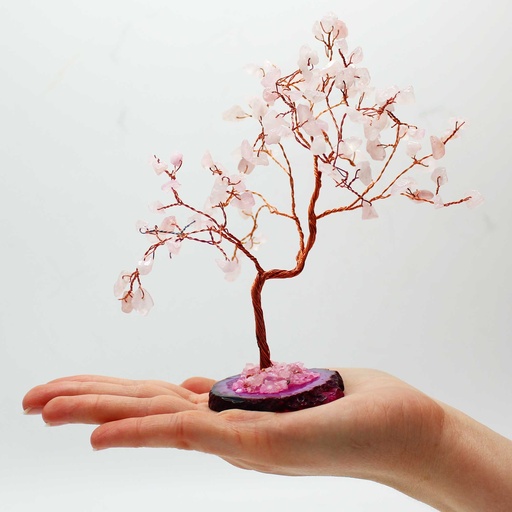 [AGemT-09] Großer Edelsteinbaum – Rosenquarz auf rosa Achatbasis (100 Steine)