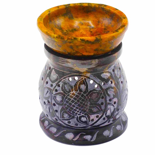 [SoapOB-17] Speckstein-Ölbrenner 10 cm – Mandala-Blume – Schwarz und Gelb