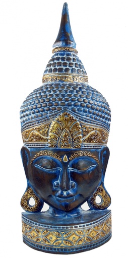 [G34387] Stehende Buddha Maske, Thai Buddha Statue - blau/gold - 74x27x13 cm